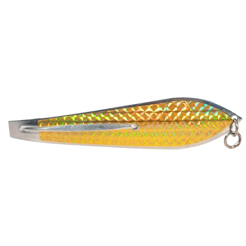 A stainless steel fishing spoon with a reflective scale pattern and a loop at the end for attachment.